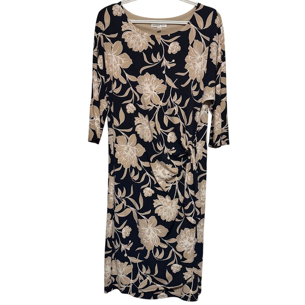 Robbie Bee Women's Floral Black Tan Quarter Sleeve Wrap Dress with Ties Size L